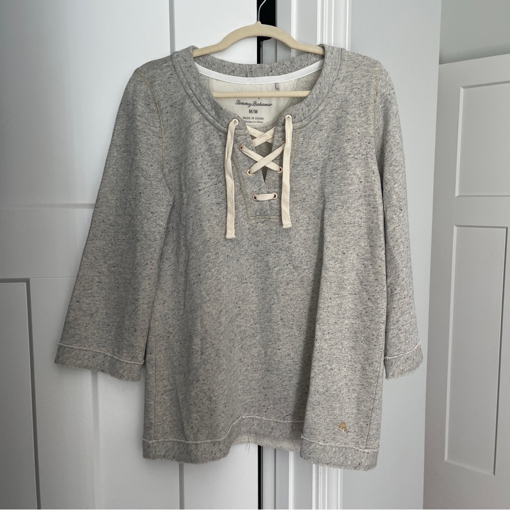 Tommy Bahama Tie V Neck Gray Gold Metallic Sweatshirt Pullover
